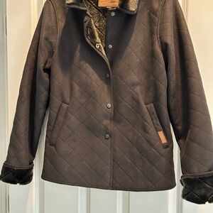 Women's Quilted Black Puffer Jacket with Faux Fur Trim